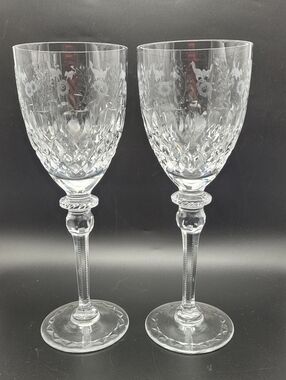 2 Rogaska Gallia Crystal Wine/ Water Glasses 9.25" Etched Floral Cut Stemware